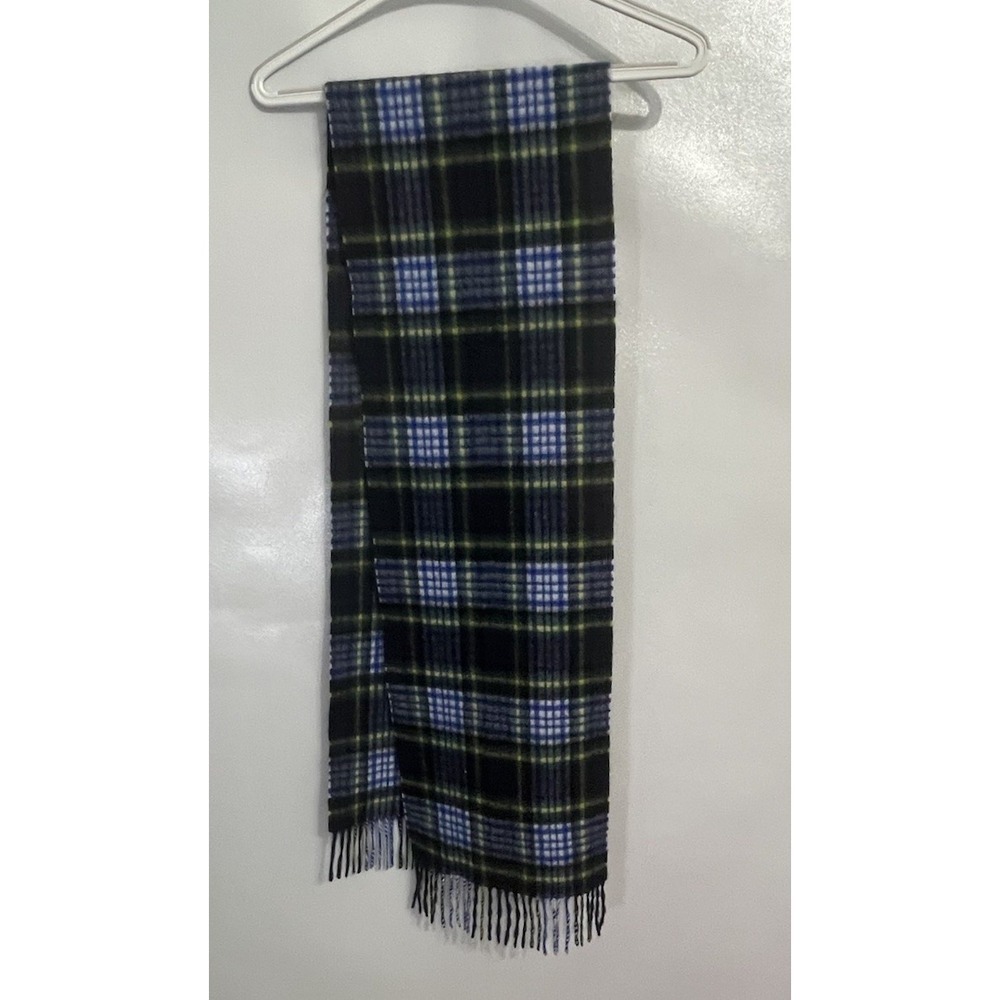 Lyle and Scott Blue Yellow Checkered Scarf 100% Cashmere Fringe Preppy